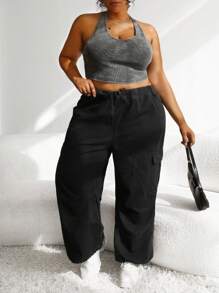 SHEIN CURVE+ 大碼側翻蓋口袋抽繩下擺工裝牛仔褲 - 黑色 - 查看 1