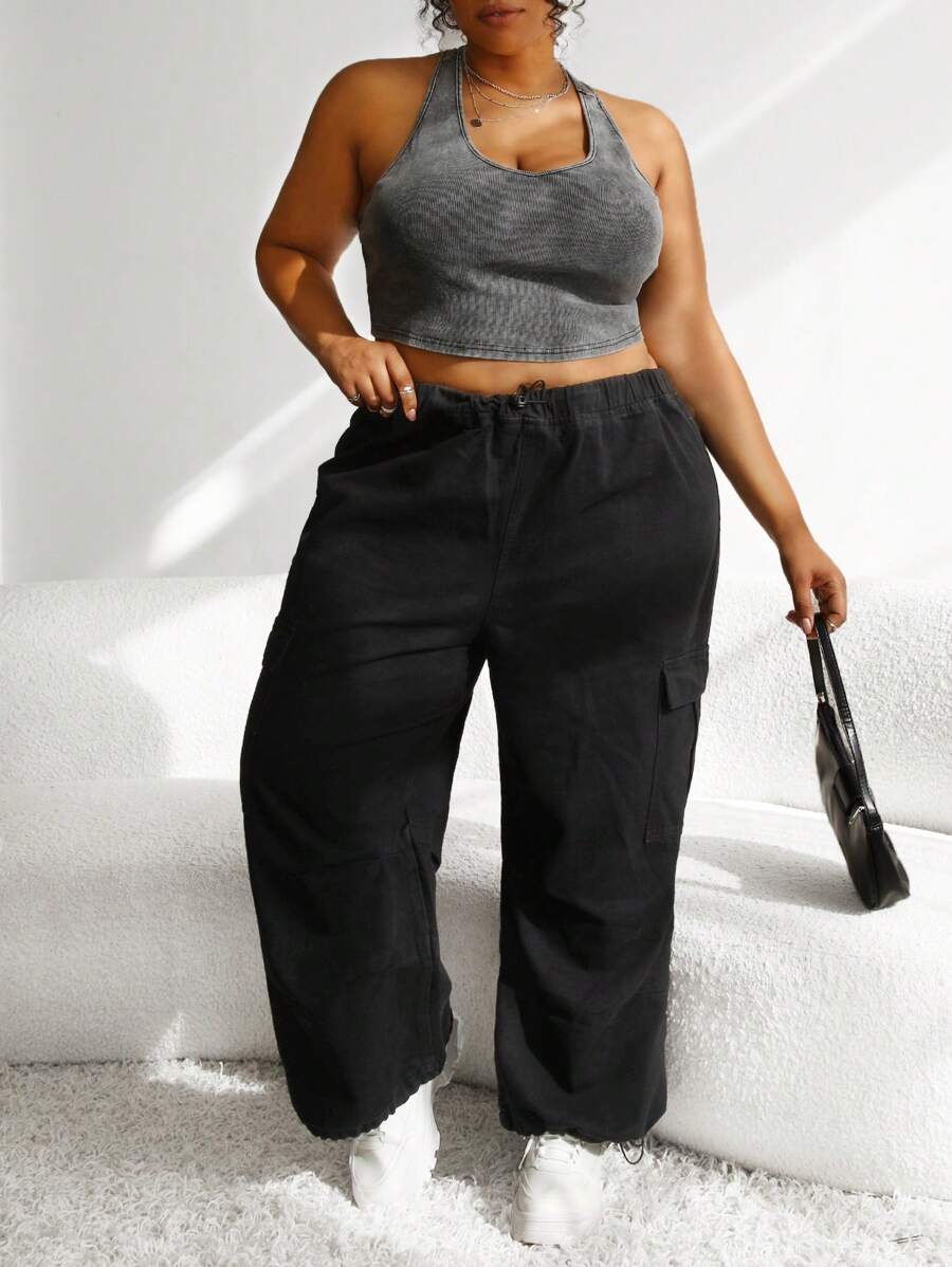 SHEIN CURVE+ 大碼側翻蓋口袋抽繩下擺工裝牛仔褲 - 黑色 - 查看 1