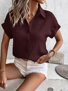 SHEIN LUNE Batwing Sleeve Button Front Shirt - Burgundy - View 4
