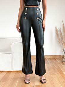 EURMUSE Women's Flared Pu Leather Pants - Black - View 4