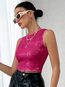 SHEIN Essnce Women's Sparkly Round Neck Tank Top For Summer - Hot Pink - View 4