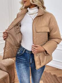 SHEIN LUNE 翻盖细节抽绳腰部加厚棉服外套衣服冬季 - 卡其色 - 查看 5