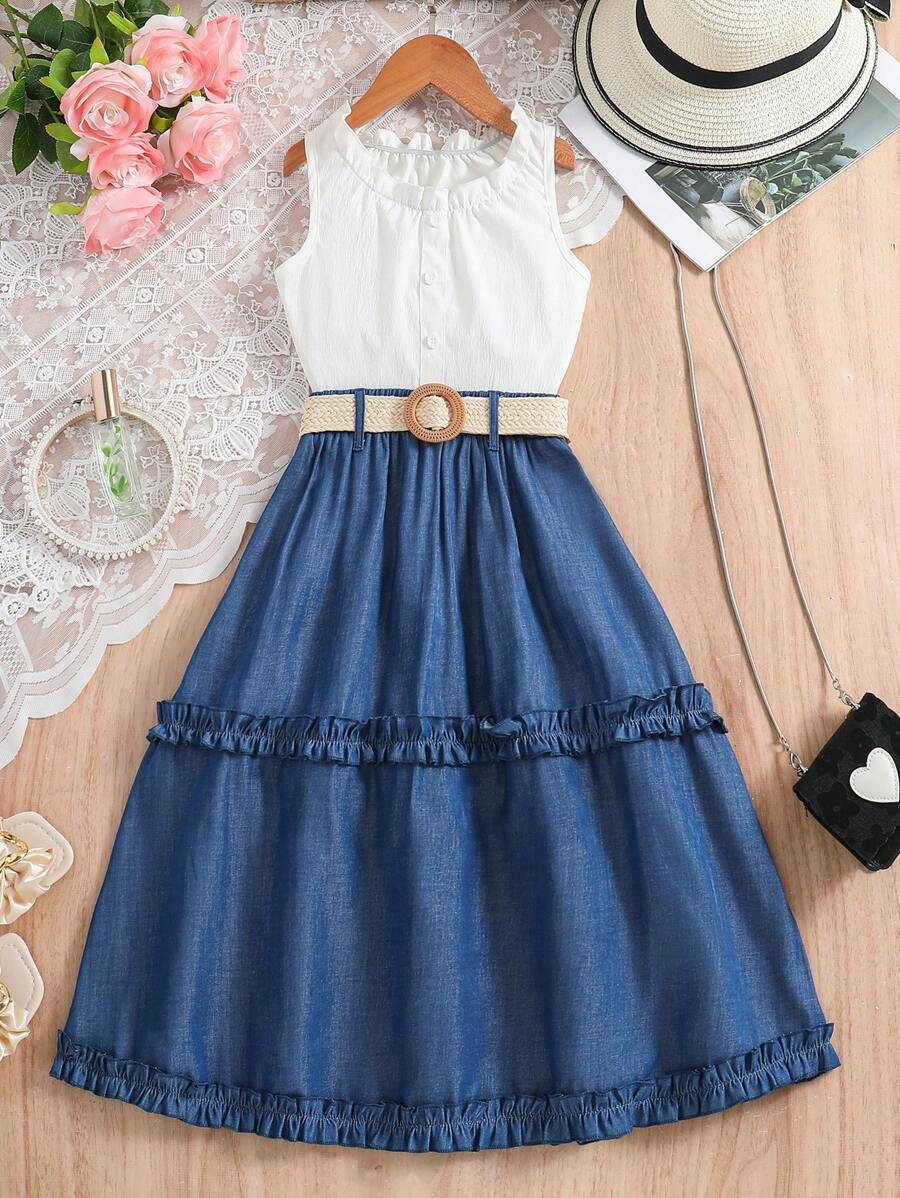 SHEIN Tween Girls' Sleeveless Blouse And Skirt Set - Multicolor - View 1