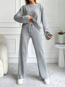 EURMUSE Women's Solid Color Ribbed Knitted 2 Pieces Set - Grey - View 3