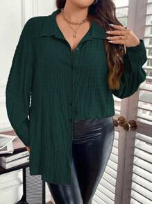 SHEIN Unity Camisa de manga larga con hombros caídos para mujer de talla grande - Verde Oscuro - Ver 4