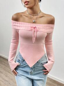 Flirla Drawstring Detail Cold Shoulder Asymmetrical Hem Knit Pullover Fall Winter Sweater - Pink - View 1