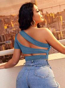 SHEIN LUNE Women's One Shoulder Short Sleeve T-Shirt - Baby Blue - View 1