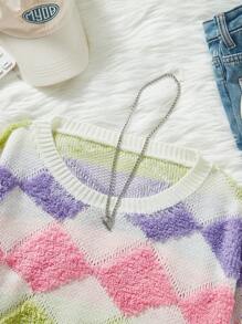SHEIN EZwear Color Block Geometric Print Drop Shoulder Short Casual Sweater - Multicolor - View 10