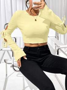 SHEIN Privé 純色中空短袖短上衣 - 黃色 - 查看 6