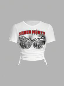 SHEIN EZwear 女款印字側拉繩T卹，帶有3D效果，怎樣？ - 白色 - 查看 1