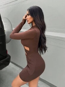 SHEIN SXY 女性性感扭結前開叉迷你連衣裙,非常適合春天、情人節、夜店派對 - 棕色 - 查看 4