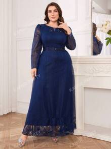 Robe de soirée formelle à manches longues, élégante, pour femmes de grande taille. Robe de mariage pour invité, avec une taille brodée de strass et de maille. Convient pour la remise des diplômes, les dîners