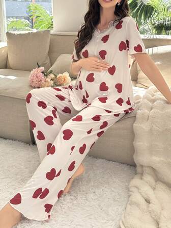 Moonlight & Mama Maternity Heart Printed Short Sleeve Pajama Set For Mother