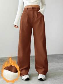 SHEIN EZwear Ấm áp Lót Quần Với Đường chéo Túi - màu nâu - Xem 1