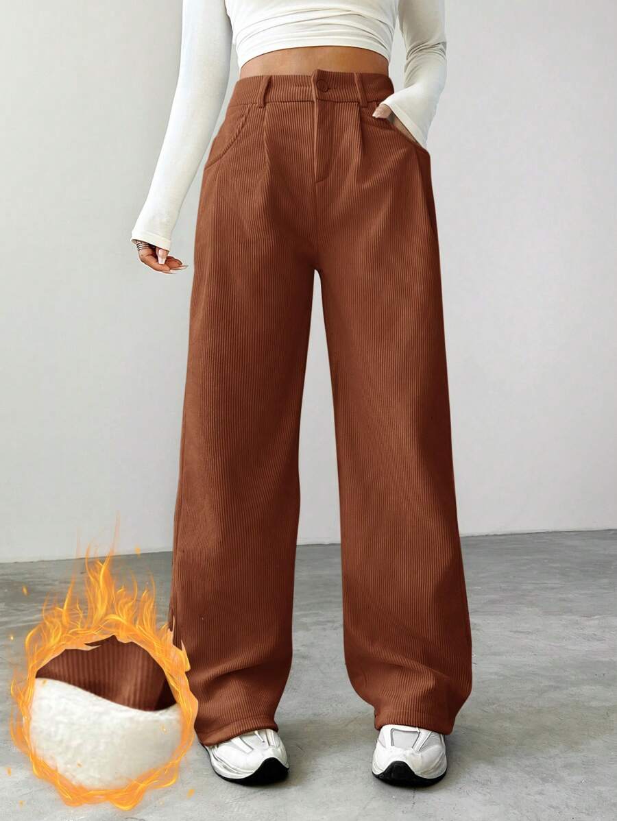 SHEIN EZwear Ấm áp Lót Quần Với Đường chéo Túi - màu nâu - Xem 1