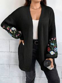 SHEIN LUNE Plus Size Floral Embroidery Drop Shoulder Cardigan, For Winter