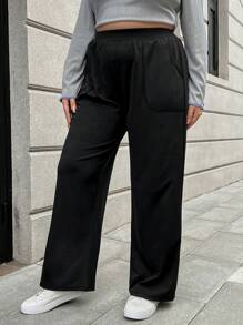 SHEIN Essnce 大尺寸斜袋高腰長褲 - 黑色 - 查看 6