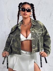 SHEIN ICON Kích thước lớn Mẫu ngụy trang Nghiên cứu Chi tiết Áo khoác denim - Nhiều màu - Xem 1