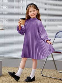 SHEIN Leap Crew Cô gái trẻ Váy chữ A dáng rộng cổ điển có trang trí nơ và tay áo dài xếp ly - Màu tím - Xem 6