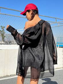 SHEIN EZwear Women's Sheer Mesh Blouse - Black - View 2