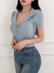 DAZY Của phụ nữ Màu thuần Dây rút áo có mũ Áo thun - Màu xanh lam - Xem 3