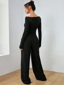SHEIN EZwear Ladies' Solid Color Casual Suit - Black - View 3