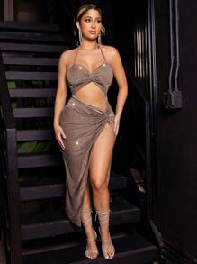 SHEIN SXY 女性性感露背中空扭結高開叉無袖鑲邊連衣裙，亮面處理 - 金色 - 查看 5