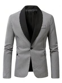 Manfinity AFTRDRK Men's Single-Breasted Plaid Suit Jacket With Patchwork Collar - Black - View 3