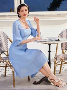 Vintamour Damen Kleid Mit Volantärmeln Und Herzförmigem Ausschnitt, Sommerkleidung - Blau - Übersicht 8