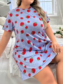 SHEIN Plus Size Women's Strawberry Printed Sleep Dress Pajama Dress - Purple - View 3