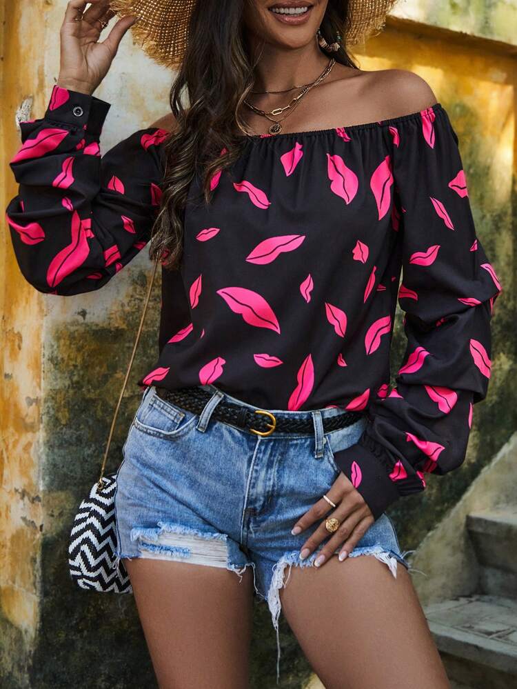 Lips Print Off Shoulder Long Sleeve Shirt