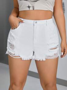SHEIN ICON Plus Size Women's Frayed Edge Ripped Denim Shorts - White - View 4