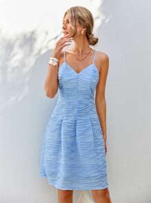 GENKIRA Solid Color Pleated Cami Dress For Women - Blue - View 6