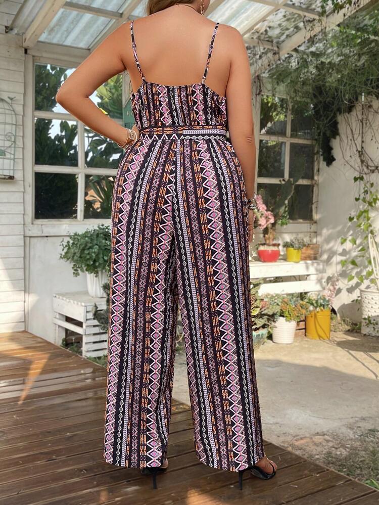 Plus Size Geometric Printed Jumpsuit With Belt