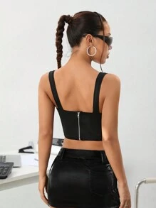 SHEIN ICON Y2k 夏季不对称下摆吊带背心黑色紧身胸衣上衣采用镂空前拉链和色块拼接设计 - 黑色 - 查看 3