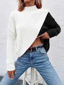 SHEIN LUNE Contrast Color Stand Collar Wrapped Sweater Pullover - Multicolor - View 5