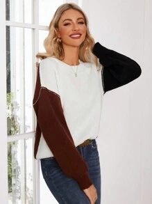SHEIN LUNE Ladies' Colorblock Round Neck Drop Shoulder Long Sleeve Knit Pullover Fall Winter Sweater - Apricot - View 3