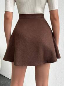SHEIN Cottnline Ladies' Solid Color A-Line Skirt - Brown - View 2