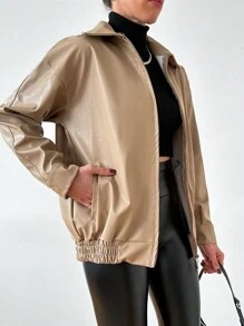EURMUSE Women'S Drop Shoulder Long Sleeve Leather Jacket - Beige - View 5
