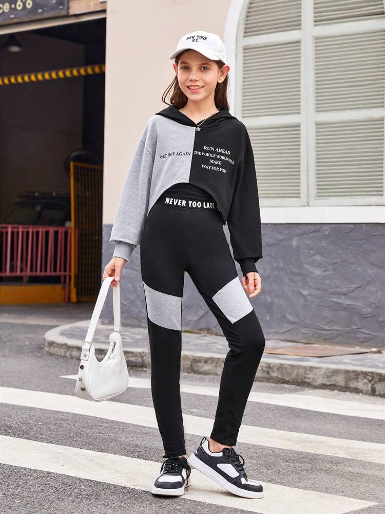 Tween Girls' Color Block Slogan Printed Hooded Cropped Sweatshirt With Solid Color Tank Top And Color Block Pants, 3pcs/Set