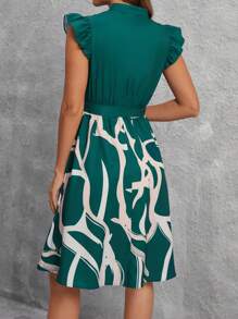 SHEIN Clasi Women's Printed Patchwork Short Flying Sleeved Dress - Dark Green - View 2