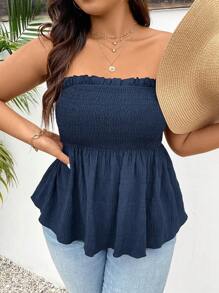SHEIN Frenchy Áo Boho không dây cỡ lớn mùa hè có viền xếp nếp và tấm vải phủ - Màu xanh hải quân - Xem 5