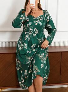 SHEIN Frenchy Plus Size Floral Printed Long Dress With Sweetheart Collar - Dark Green - View 5