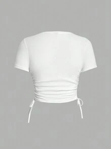 SHEIN EZwear 女款印字側拉繩T卹，帶有3D效果，怎樣？ - 白色 - 查看 2