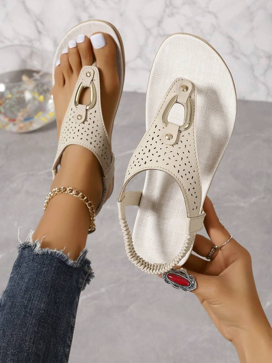 新款女性羅馬涼鞋,帶趾環,防滑舒適平底夏季鞋 - 米色 - 查看 1