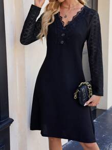 SHEIN LUNE Lace Detail Button Decorated Dress - Black - View 6