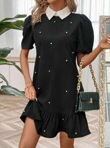 SHEIN LUNE Women's Color-Block Collar Pearl Decor Puff Sleeve Dress