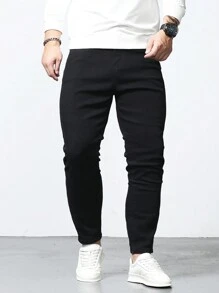 Manfinity Homme Men's Plus Size Solid Color Jeans, Plain Slim Fit Long Plain Black Dark Jeans Washed Cargo Jeans, For Husband, Boyfriend Gifts Going Out Hang Out Commute Work Vacation - Black - View 7