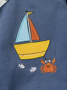 SHEIN 新生兒男寶寶簡約度假風禮物套裝,海洋帆船印花連身衣和長褲,可愛,寬鬆舒適,適合日常穿著,春夏季節 - 彩色 - 查看 4