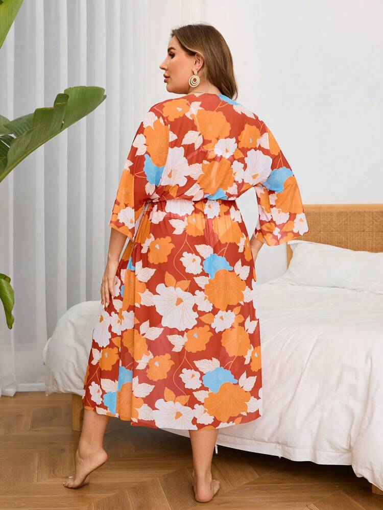 Plus Size 1pc Traditional Kimono With All-Over Floral Print Summer